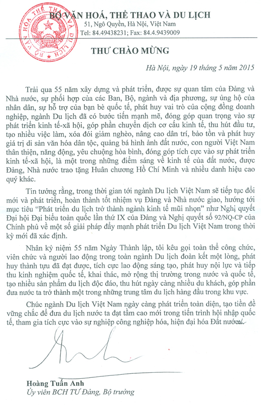 Thư chào mừng 55 năm Ngày thành lập ngành Du lịch Việt Nam của Bộ trưởng Hoàng Tuấn Anh